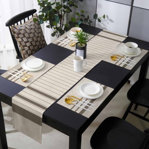 Brown Beige Striped Table Mats Set of 6 with Table Runner 90 Inches
