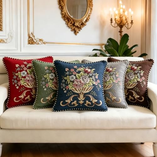 Set of 2 Red Christmas Vintage Embroidered Throw Pillows Covers