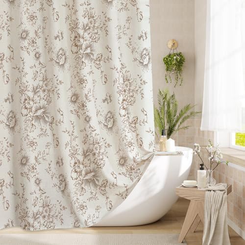 Brown Floral Linen Shower Curtain, Cottagecore French Country, 72x84
