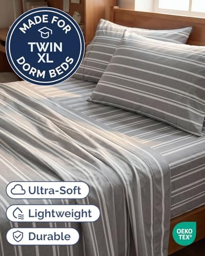 CGK Twin XL 4 Piece Sheet Set - College Dorm Room - Grey Stripes