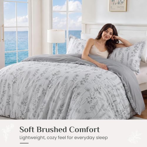 JOLLYVOGUE Floral Duvet Cover King, 3Pcs Reversible Grey Duvet Cover