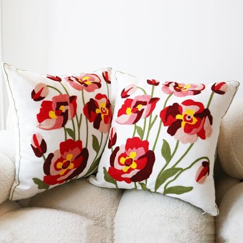 Embroidered Throw Pillow Cover 2PCS 18x18 Inch Floral Cotton Pillow