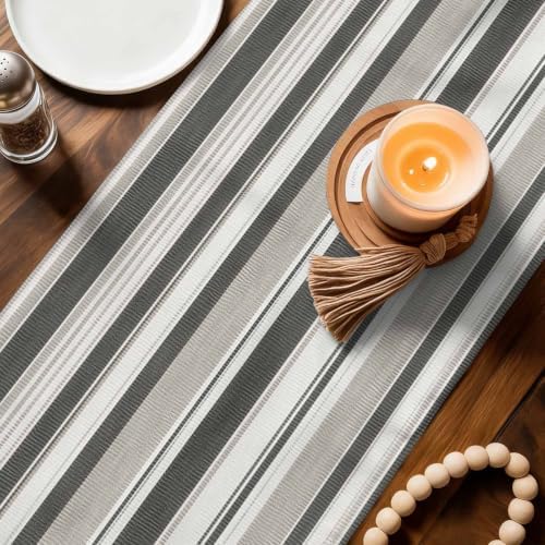 Beige Taupe Striped Table Runners 90 Inches Long, Minimalist Vertical