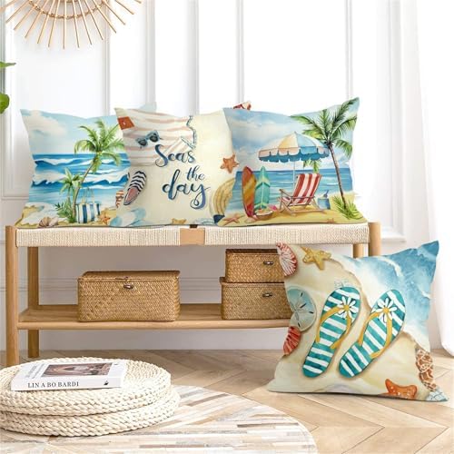 20x20 Set of 4 Seaside Palm Starfish Throw Pillow Cushion Covers