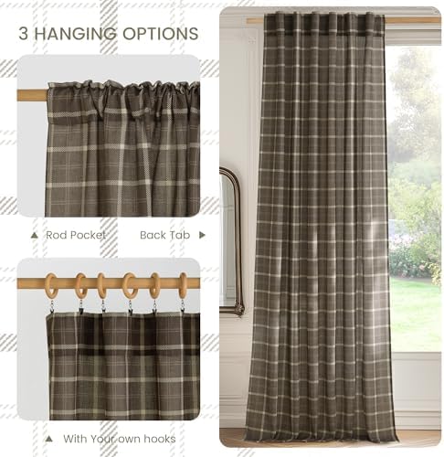 NICETOWN Taupe Plaid Print Linen Gingham Curtains 96 inches Long