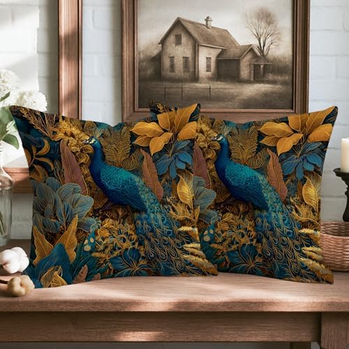 Elegant Peacock Throw Pillow Covers Set of 2, Teal and Gold Tropical