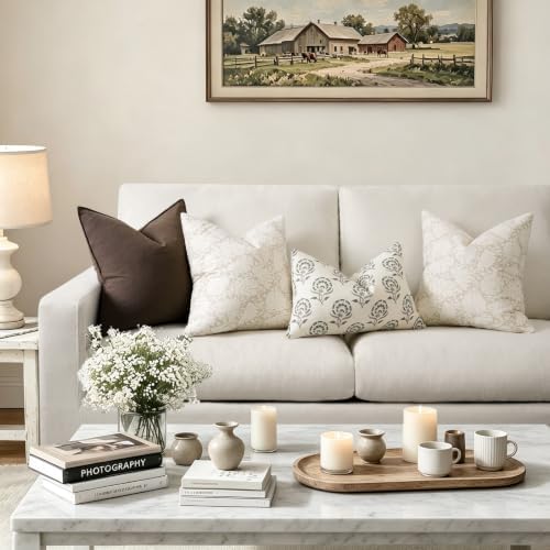Neutral Floral Double Sided Block Print Pillow Covers 18x18 Set of 2