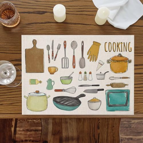Kitchenware Placemats Set of 4, Cotton Linen Fabric Place Mats