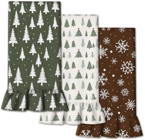 Fanfanwin 3 Pcs Christmas Kitchen Towels Set, 100% Cotton Ruffled 17"