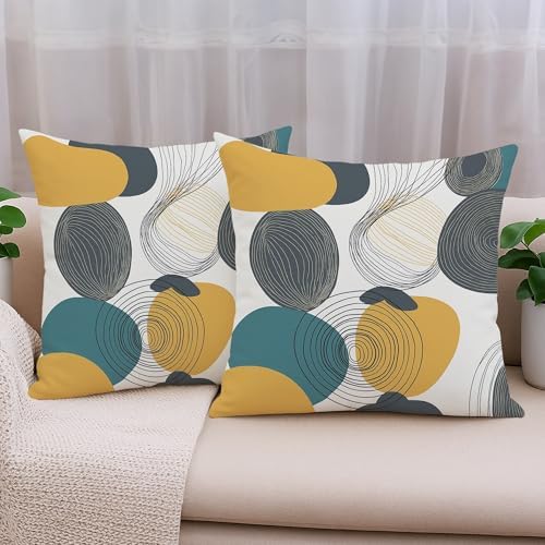 Geometric Throw Pillow Covers Set of 2, Teal and Mustard Abstract