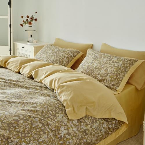 YuHeGuoJi Vintage Taupe Botanical Duvet Cover Queen 100% Cotton 3 Pcs