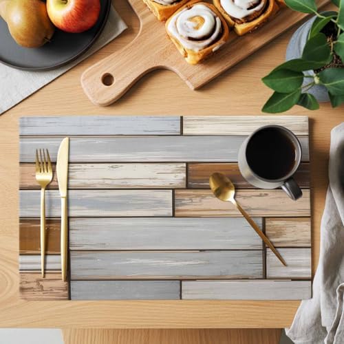 Country Vintage Wood Plank Placemats Set of 4 Washable Table Mats for