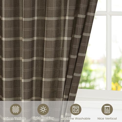 NICETOWN Taupe Plaid Print Linen Gingham Curtains 96 inches Long