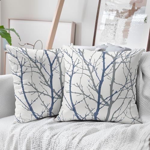 Navy Blue Gray Tree Pillow Covers 22x22 Inch Grey Blue Branch Print
