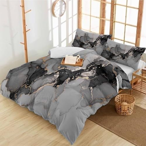 Duvet Cover Set Queen, Marble Texture Watercolor Gray 3 Piece Bedding