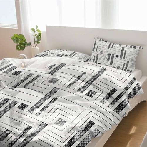 Duvet Cover Set Queen, Gray White Geometric Blocks 3 Piece Bedding Set