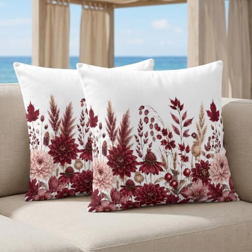 Pillow Covers 18x18 Set of 2, Dark Red Floral Square Throw Pillow