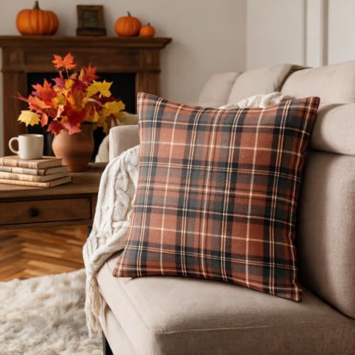 Plaid Fall Throw Pillow Covers 18x18 Set of 2 Burnt Orange Grey Tartan