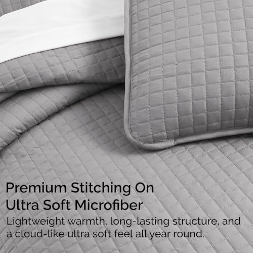 Quilt King Size Bedding Set with 2 Quilted Pillow Shams, Steel Grey