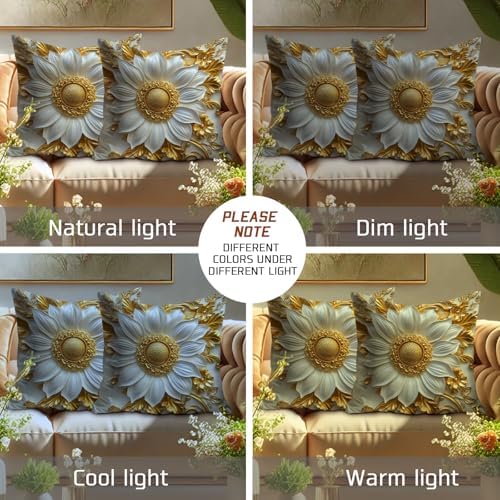 Elegant Floral Pillow Covers Set of 2, White and Gold 3D Flower Throw