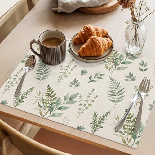 Placemats Set of 8, Green Botanical Woven Placemat, Linen Place Mats