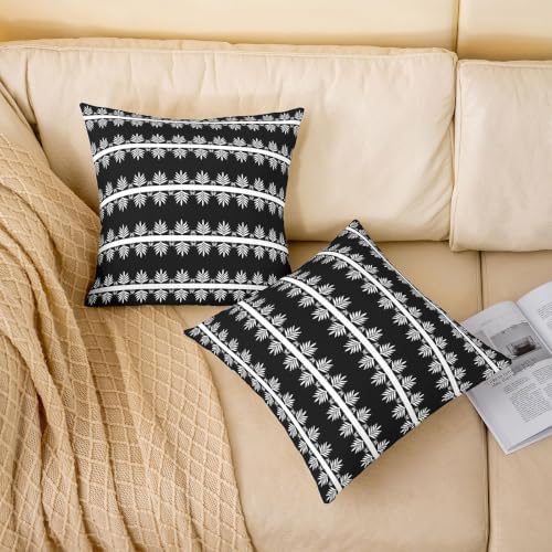 jejeloiu Black White Leaves Stripes Throw Pillow Covers Set of 2