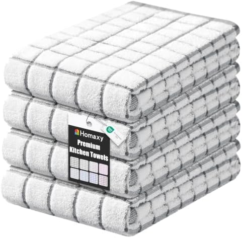 Homaxy Premium Kitchen Towels(16”x 28”, 4 Pack), Check Design, Grey