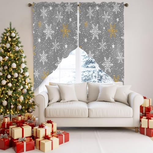 Christmas Snowflake Swag Valance Curtains Grey Winter Yellow White