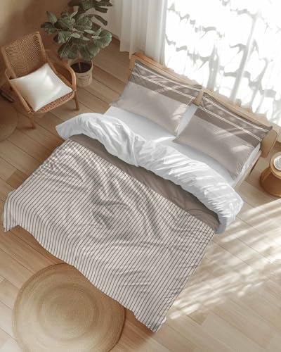 LooPoP Duvet Cover Set Queen Size Beige Stripes Comforter Sets