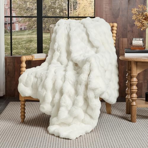 Lotus Karen Faux Fur Blanket - Cream White Twin Size, Big Bubble