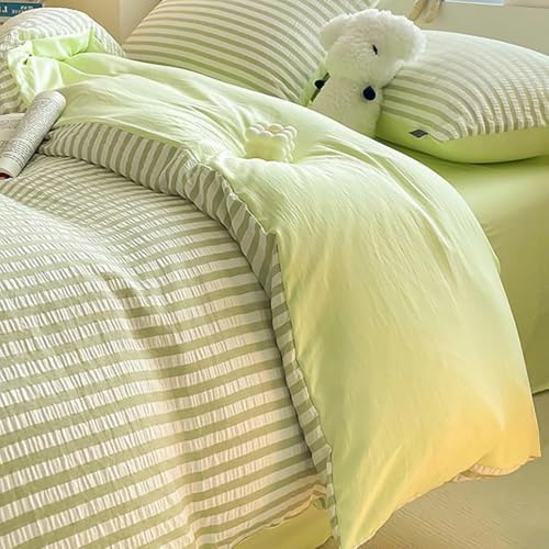 Striped Cotton Bedding Set 4 Pieces,Soft Duvet Cover with Zipper,Flat