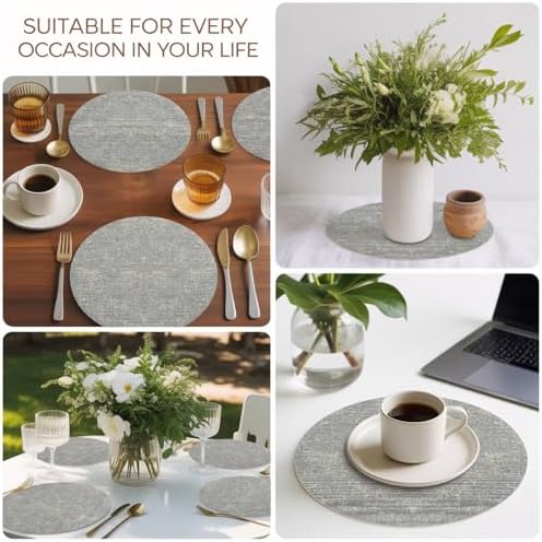 Minimalist Gray Faux Leather Placemats Set of 6, 15in, Waterproof Heat