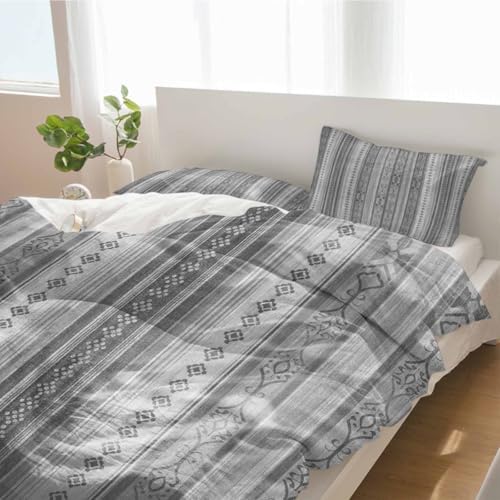 Duvet Cover Set Full, Boho Abstract Ethnic Gray Geometric Pattern