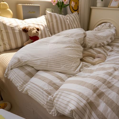 VM VOUGEMARKET Khaki Striped Duvet Cover Set,Twin(68"x86"),Khaki White