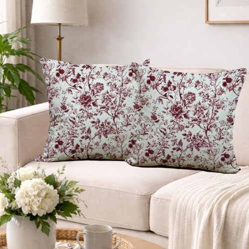 Spring Vintage Burgundy Red Floral Throw Pillow Covers 18x18 Set of 2