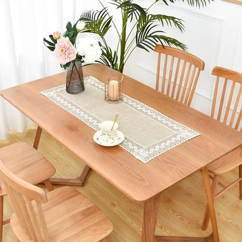 Linen Rustic Farmhouse Style Short Table Runner Beige Lace Basic Flax