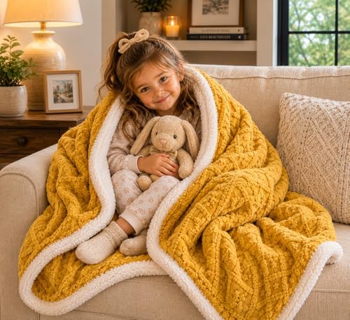 Stella & Sage Reversible Sherpa Throw Blanket, 60x80 inches, Mustard