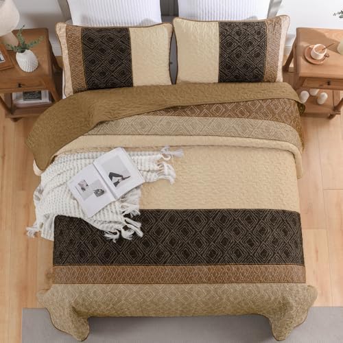 Cottolester Light Brown King Quilt Set,3 Pcs Boho Striped Plaid