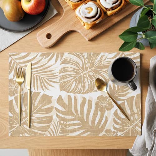 Placemats Set of 8, Sand Tan Monstera Woven Placemat, Linen Place Mats