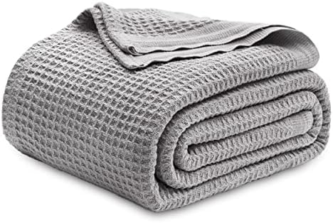 Bedsure 100% Cotton Blanket, Waffle Weave, King Size, Grey, 104"x90"