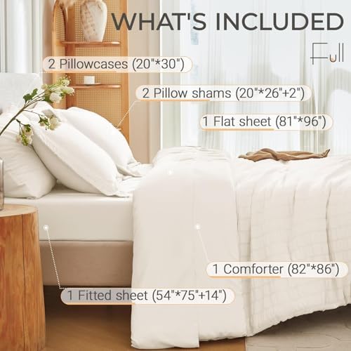 MUXHOMO Full Comforter Set 7 Pieces, Seersucker Bed in a Bag, Ivory