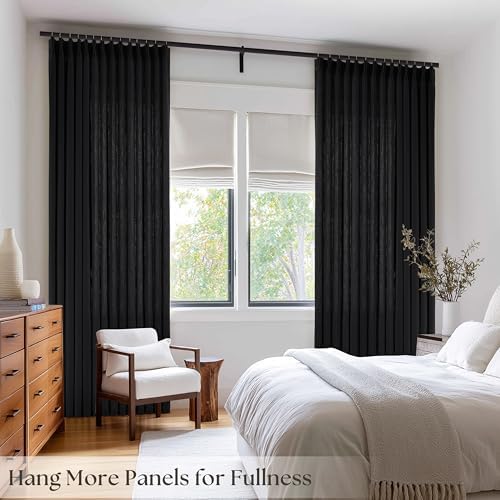 Black Pinch Pleated Semi Sheer Linen Curtains 84 Inch Long for Bedroom