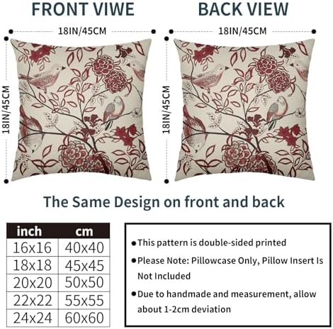 Burgundy Red Floral Pillow Covers 18X18 Inch Chinoiserie Vintage Bird