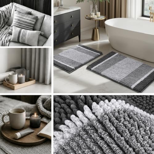 HOMEIDEAS Grey Bathroom Rugs Sets 2 Piece Chenille, 20"x32"+17"x24"
