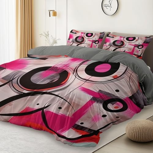 Abstract Rings Geometric Duvet Cover Set – 3 Pcs Grey Print Bedding