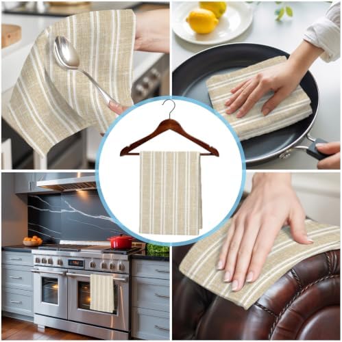 Beige White Stripes Kitchen Towels Set of 3, Rustic Warm Beige Lines