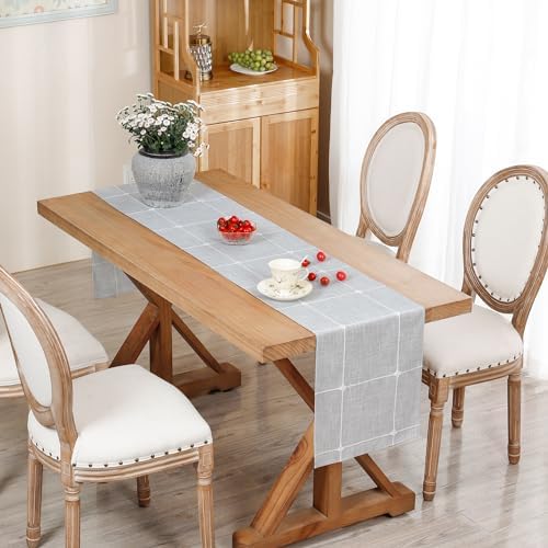 NEWISHER Rustic Embroidered Plaid Cloth Table Runner 72 inches, Grey
