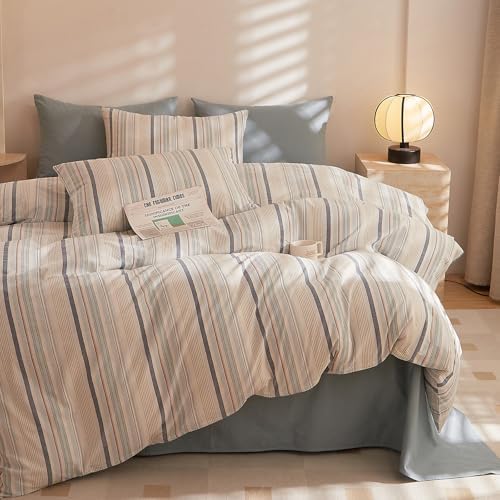 HighBuy Blue Grey Striped Duvet Cover Set King 100% Washed Cotton
