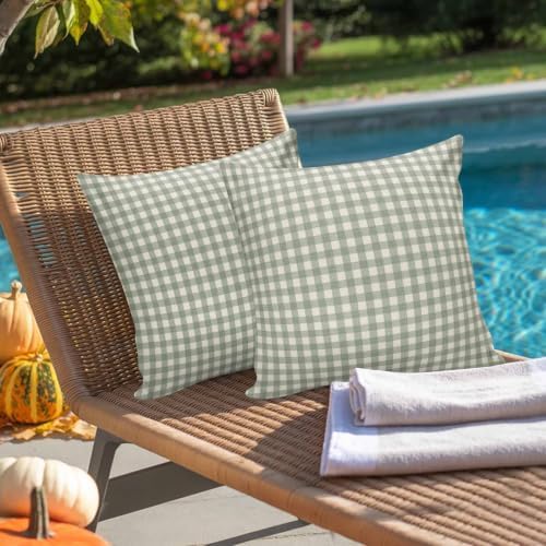 Outdoor Pillow Covers Set of 2, Rustic Sage Green Beige Checker