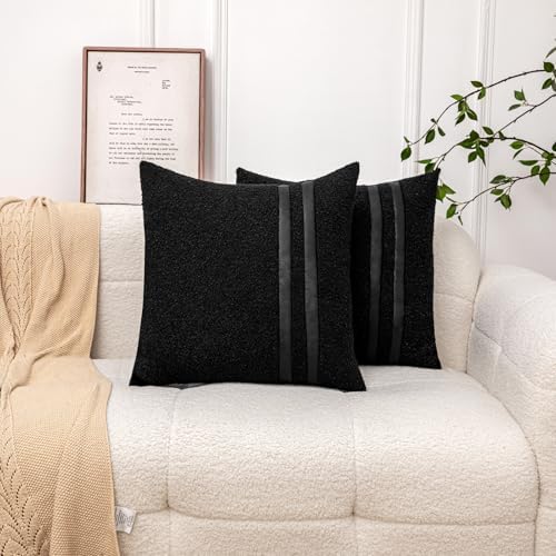 18x18 Black Boucle Throw Pillow Covers with Leather Accent, 2 PC